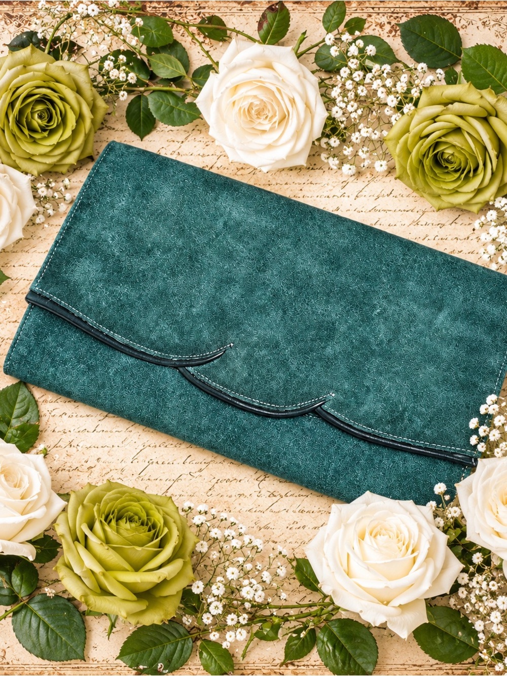 Crouch & Fitzgerald Vintage Green Suede Envelope Clutch